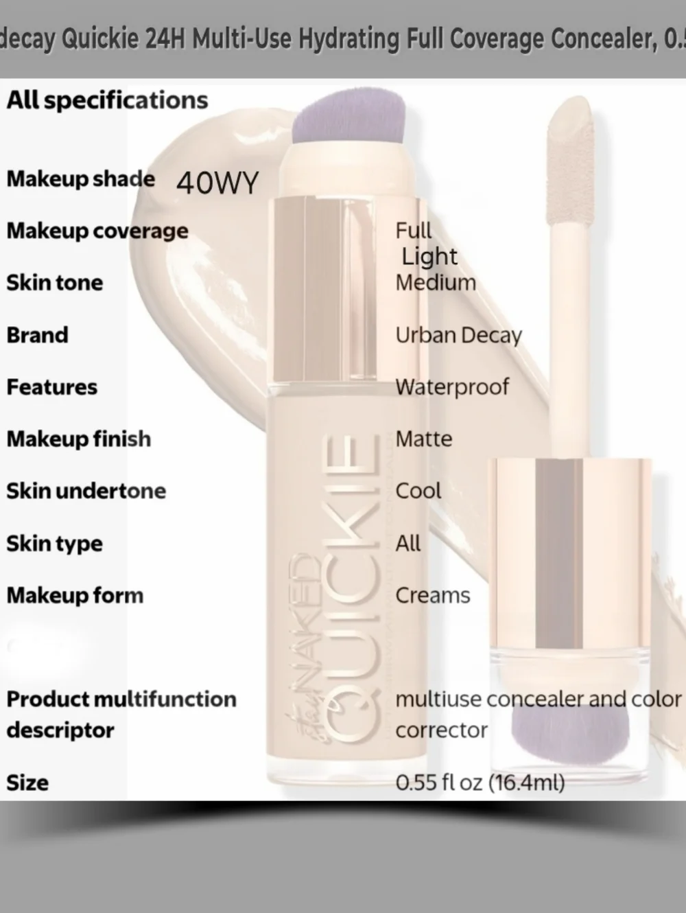 Urban decay Quickie 24H Multi-Use Hydrating Full Coverage Concealer, 40WY